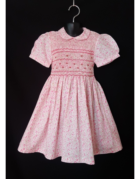 Robe smocks avec manches ballon en coton petites fleurs rose