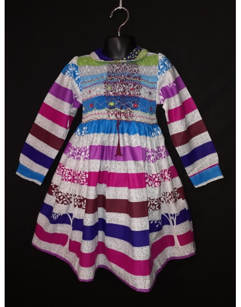 Robe smocks en coton rayures multicolore manches longues