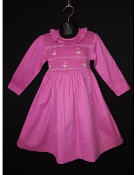 Robe smocks manches longues en coton piqué fuchsia