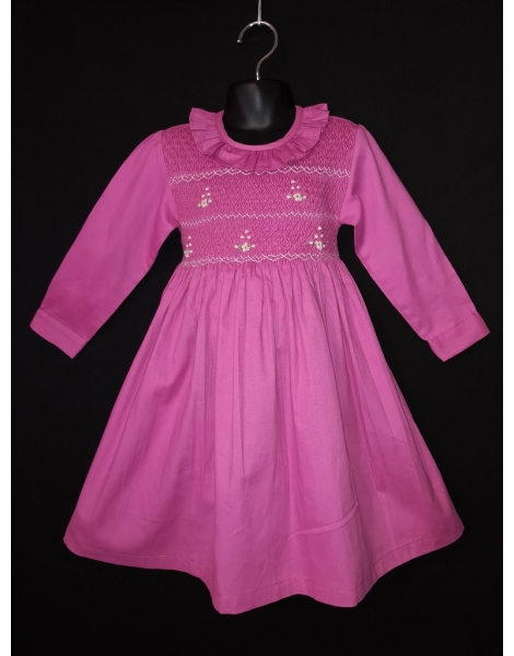 Robe smocks manches longues en coton piqué fuchsia