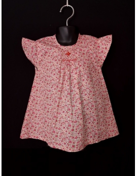 blouse smocks manches volantes en coton imprimé petites fleurs rouge et rose