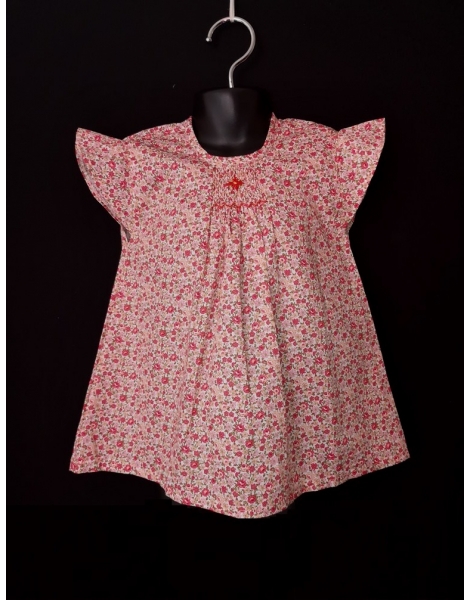 blouse smocks manches volantes en coton imprimé petites fleurs rouge et rose