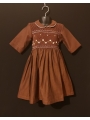 Robe smocks manches 3/4 col Claudine en coton marron