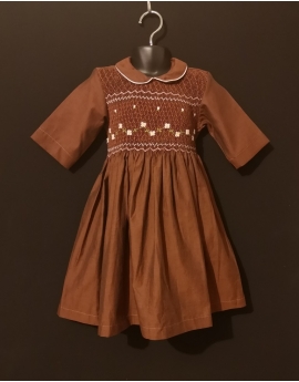 Robe smocks manches 3/4 col Claudine en coton marron