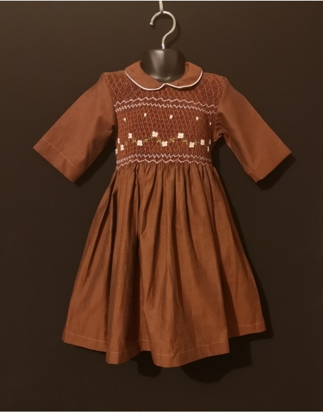 Robe smocks manches 3/4 col Claudine en coton marron