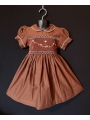 Robe smocks manches ballons col Claudine en coton marron