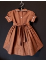 Robe smocks manches ballons col Claudine en coton marron