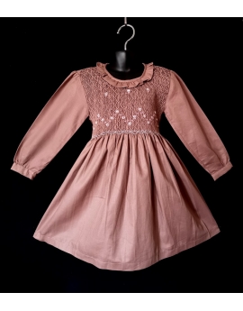 Robe smocks manches longues col volant en coton marron