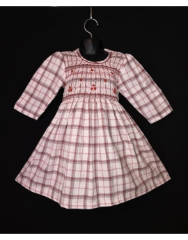 Robe smocks manches 3/4 en coton carreaux écossais rose