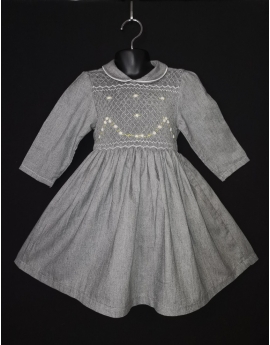 Robe smocks manches 3/4 col Claudine en coton gris