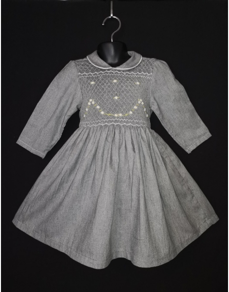Robe smocks manches 3/4 col Claudine en coton gris