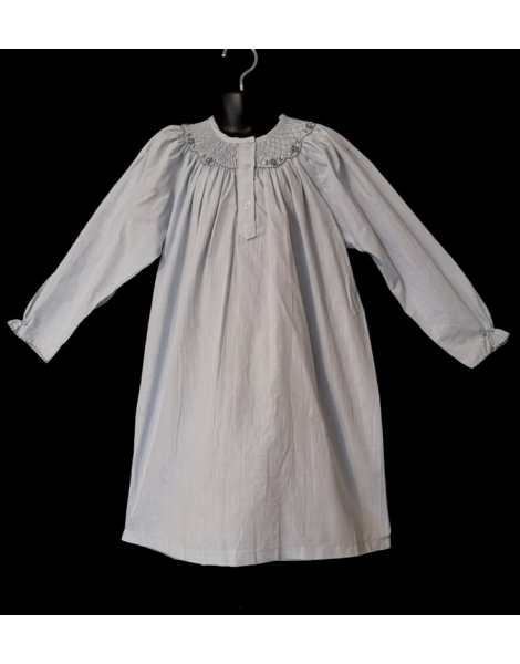 Chemise de nuit smocks longue manches longues en coton bleu ciel