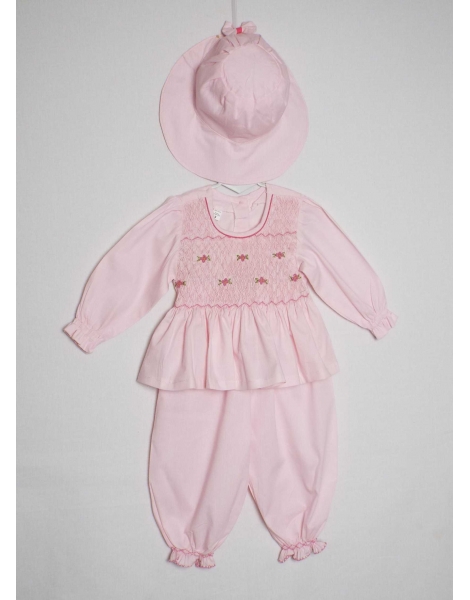 Ensemble tunique et pantalon smocks avec chapeau rose fines rayures