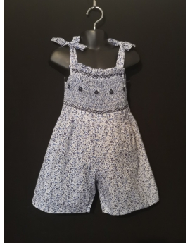 Combi short smocks en coton fleuri bleu