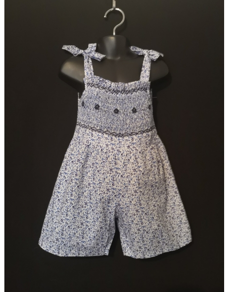 Combi short smocks en coton fleuri bleu