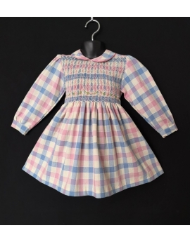 Robe smocks manches longues rose, bleu ciel en coton vichy