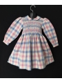 Robe smocks manches longues  bleu ciel rose en coton vichy