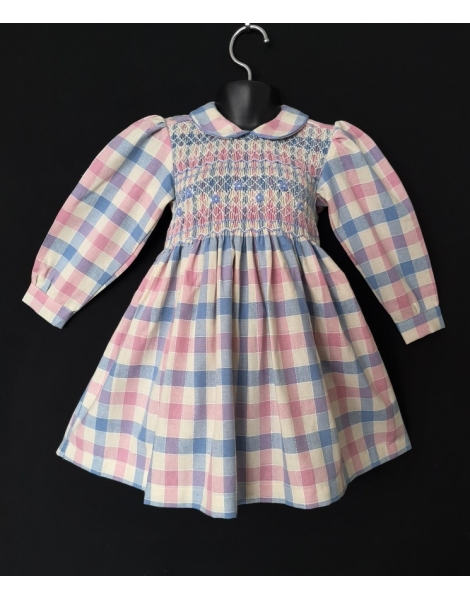 Robe smocks manches longues  bleu ciel rose en coton vichy