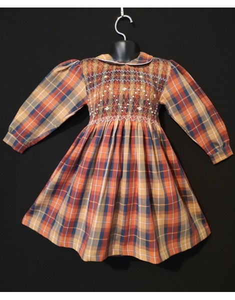 Robe smocks manches longues col claudine carreaux écossais marron