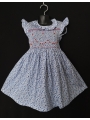 Robe smocks manches volantes col Pierrot en coton petites fleurs bleues