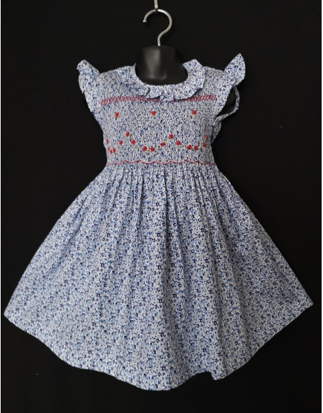 Robe smocks manches volantes col Pierrot en coton petites fleurs bleues