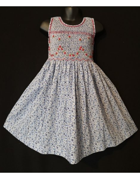 Robe smocks sans manches en coton petites fleurs bleues