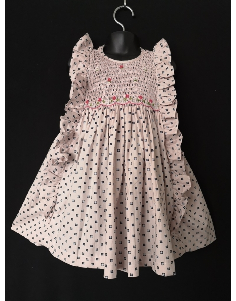 Robe smocks sans manches à volants en coton rose pâle imprimé