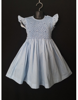 Robe smocks manches volantes en coton vichy bleu ciel