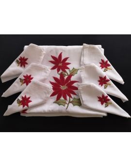 Nappe de table avec 12 serviettes blanches brodées à la main à motif Poinsettia