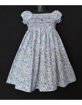 Robe smocks mini manches en coton fleurs bleu ciel