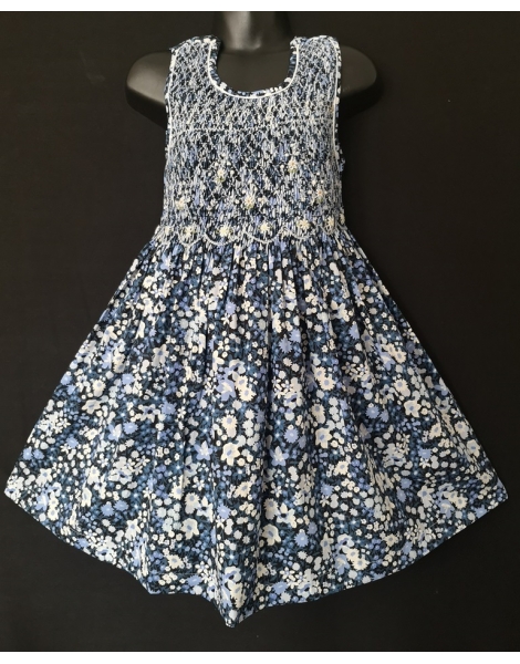 Robe smocks en coton imprimé fleur bleu