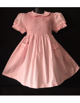 Robe smocks manches ballons col brodé en coton piqué rose