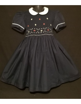 Robe smocks manches ballons col Claudine en coton bleu marine