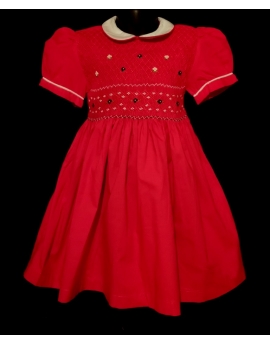 Robe smocks manches ballons col Claudine en coton rouge