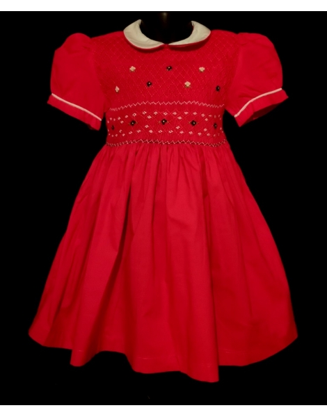 Robe smocks manches ballons col Claudine en coton rouge