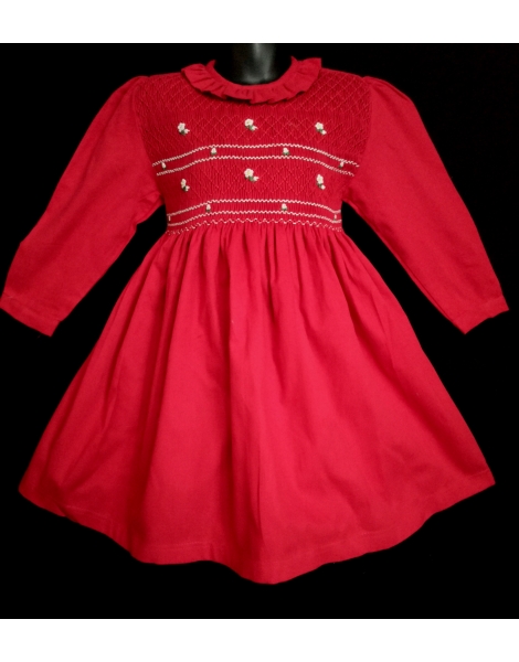 Robe smocks manches longues col Pierrot en coton piqué rouge vif