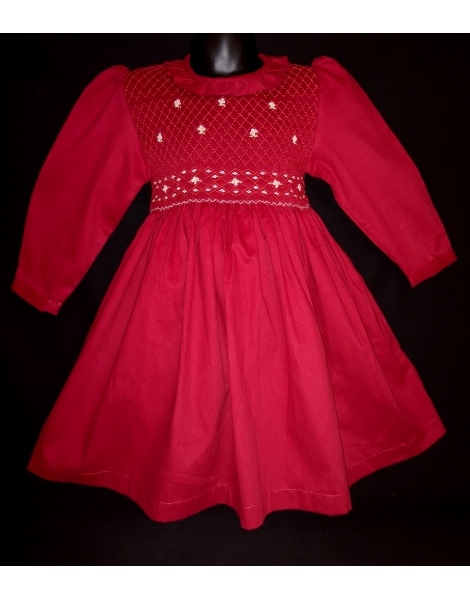 Robe smocks manches longues col Pierrot en coton piqué rouge foncé