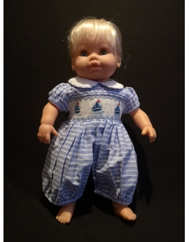 Barboteuse smocks en coton rayure bleu ciel pour poupée 36 cm