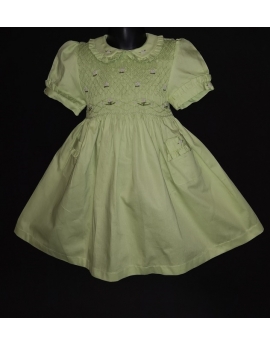 Robe smocks manches ballons col brodé en coton piqué vert anis