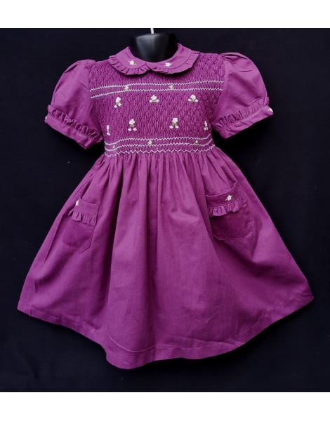 Robe smocks manches ballons col brodé en coton piqué violet