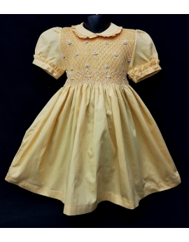 Robe smocks manches ballons col Claudine en coton piqué jaune