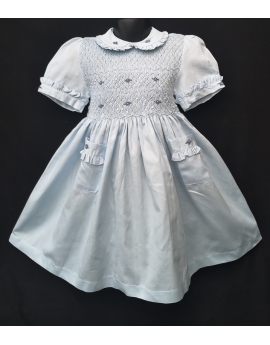 Robe smocks manches ballons col brodé en coton piqué bleu ciel