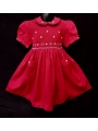 Robe smocks manches ballons col brodé en coton piqué rouge foncé