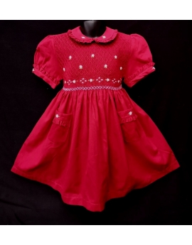 Robe smocks manches ballons col brodé en coton piqué rouge foncé