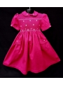 Robe smocks manches ballons col brodé en coton piqué fuchsia