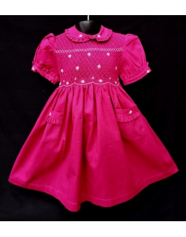 Robe smocks manches ballons col brodé en coton piqué fuchsia