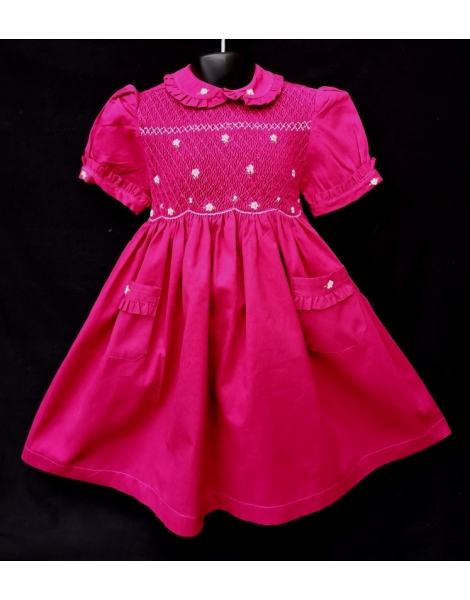 Robe smocks manches ballons col brodé en coton piqué fuchsia