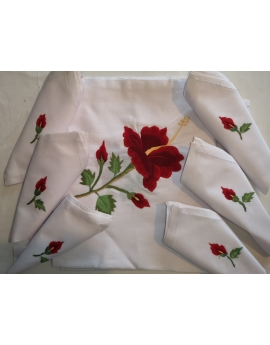 Nappe de table avec 12 serviettes blanches brodées à la main à motif hibiscus rouge