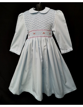 Robe smocks manches 3/4 col Claudine en coton piqué bleu ciel