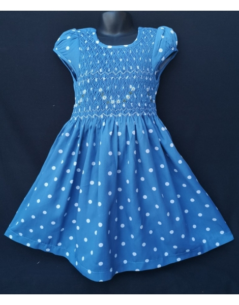 Robe smocks mini manches en coton bleu à pois